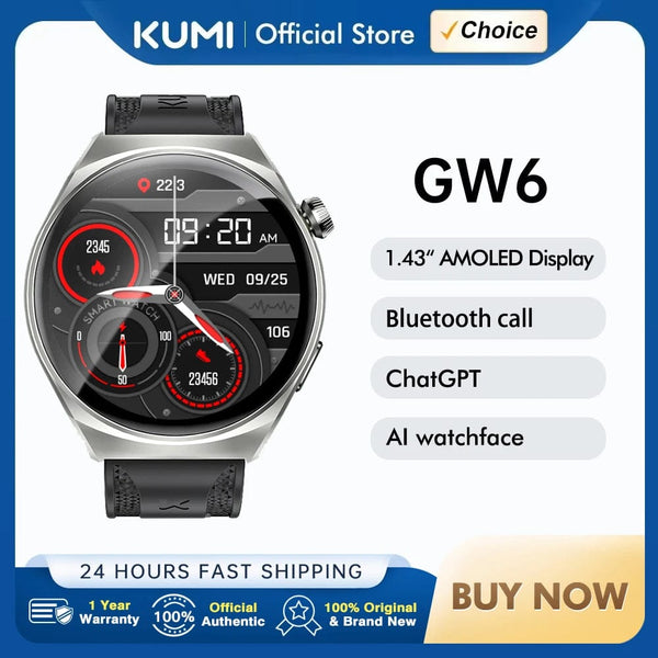 Planet Gates Silver / Official standard KUMI GW6 1.43" AMOLED screen Bluetooth call IP68 Waterproof NFC 100+ Sport Heart Rate Blood Pressure Oxygen Monitor smart watch