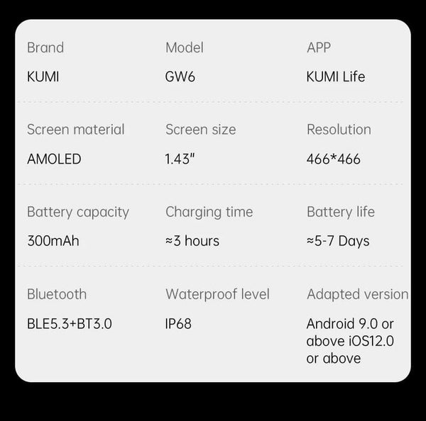 Planet Gates Silver / Official standard KUMI GW6 1.43" AMOLED screen Bluetooth call IP68 Waterproof NFC 100+ Sport Heart Rate Blood Pressure Oxygen Monitor smart watch