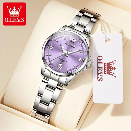 Planet Gates Silver Purple / CHINA / Yes OLEVS 3668 Womens Watch Original Fashion Waterproof Luminous Stainless Steel Quartz Watch  Automatic Date Ladies Watches Box