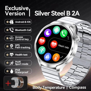 Planet Gates Silver Steel B 2A / 1.85 HD Large Screen 2024 New For HUAWEI Outdoor Sports Smart Watch Men AMOLED Screen NFC GPS Compass Heart rate Waterproof Bluetooth Call SmartWatch