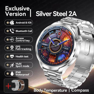 Planet Gates Silver Steel B 2A / 1.85 HD Large Screen 2024 New For HUAWEI Outdoor Sports Smart Watch Men AMOLED Screen NFC GPS Compass Heart rate Waterproof Bluetooth Call SmartWatch