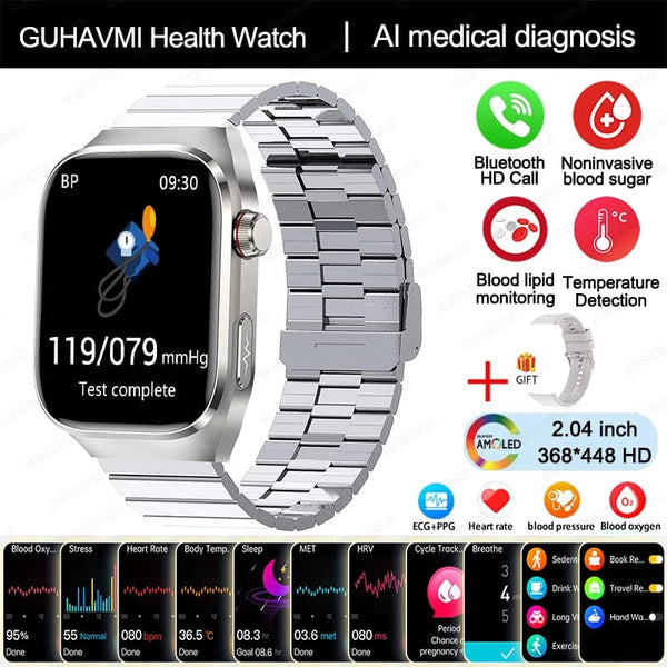 Planet Gates Silver steel B / Medical grade 2024 New Uric Acid Blood Fat Smartwatch ECG Blood Glucose Heart Rate Blood Pressure Health Monitoring Smart Watch For HUAWEI IOS