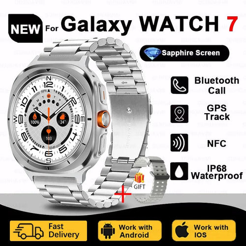 Planet Gates Silver steel strip / Galaxy Watch 7 Ultra New For Samsung Galaxy Watch Ultra New GPS Track Smart Watch Men Amoled Always Display Blood Sugar Clock BT Talk NFC Smart Watch