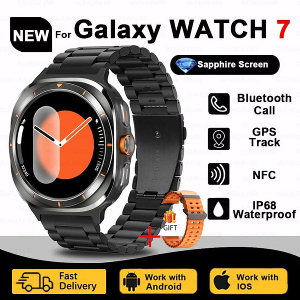 Planet Gates Silver steel strip / Galaxy Watch 7 Ultra New For Samsung Galaxy Watch Ultra New GPS Track Smart Watch Men Amoled Always Display Blood Sugar Clock BT Talk NFC Smart Watch