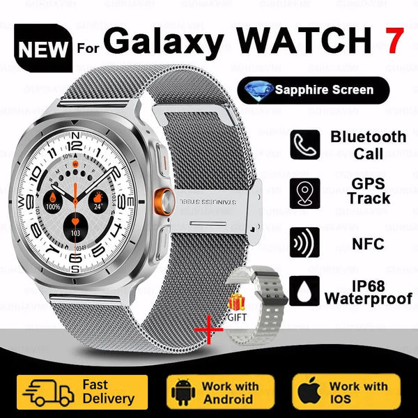 Planet Gates Silver steel strip / Galaxy Watch 7 Ultra New For Samsung Galaxy Watch Ultra New GPS Track Smart Watch Men Amoled Always Display Blood Sugar Clock BT Talk NFC Smart Watch