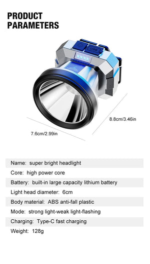 Planet Gates Silver Super Bright LED Rechargeable High-power Headlights High Brightness Emergency Charging Outdoor Head Flashlight Fishing Lamp