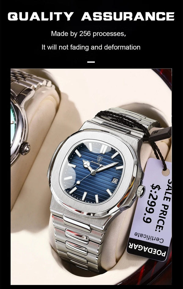 Planet Gates Silver White 2023 New POEDAGAR Luxury Watch Business Waterproof Male Clock Luminous Date Stainless Steel Square Quartz Men Watch reloj hombre