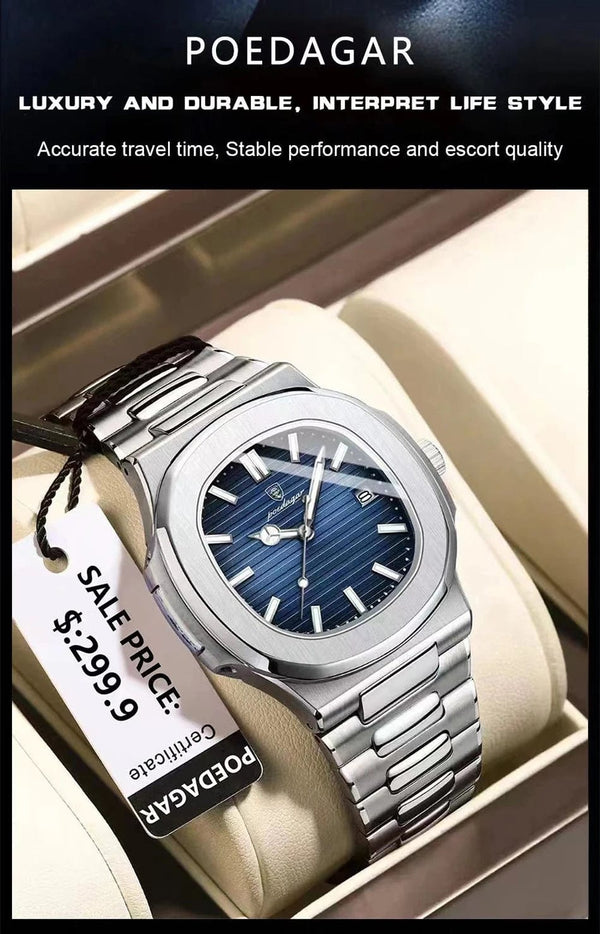 Planet Gates Silver White POEDAGAR Luxury Watch Business Waterproof Male Clock Luminous Date Stainless Steel Square Quartz Men Watch reloj hombre 2024 New