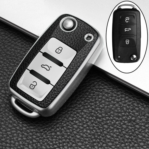 Planet Gates Silvery 1pc Leather TPU Car Key Case Cover Fob Shell For VW Volkswagen Polo Tiguan Passat Golf Jetta Beetle Caddy For Skoda Kodiaq Superb Octavia Accessories
