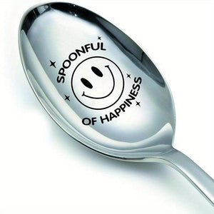 Planet Gates Silvery 1pc "SPOONFUL OF HAPPINESS" Engraved Funny Spoon, Stainless Steel Spoon, For Coffee Dessert Tea Ice Cream Oatmeal, Gift Spoon For Party Birthday, Christmas Gifts