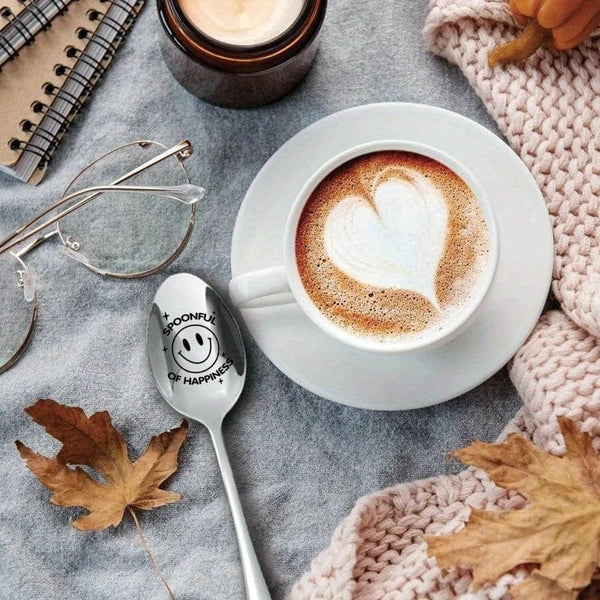 Planet Gates Silvery 1pc "SPOONFUL OF HAPPINESS" Engraved Funny Spoon, Stainless Steel Spoon, For Coffee Dessert Tea Ice Cream Oatmeal, Gift Spoon For Party Birthday, Christmas Gifts