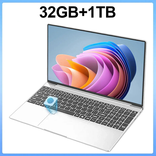 Planet Gates Silvery 32GB Ram 1TB ROM 15.6 Inch Laptop 32GB Ram 2TB SSD Windows 11 Notebook Pc Gamer Intel N5095 Office Computer with Backlit Fingerprint Wifi Camera