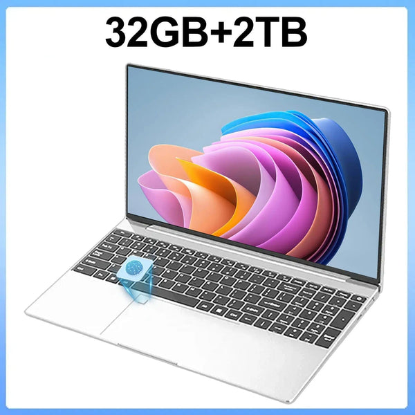 Planet Gates Silvery 32GB Ram 2TB ROM 15.6 Inch Laptop 32GB Ram 2TB SSD Windows 11 Notebook Pc Gamer Intel N5095 Office Computer with Backlit Fingerprint Wifi Camera