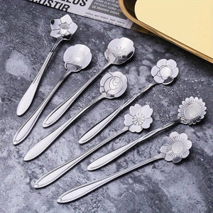 Planet Gates Silvery / 8pcs/set 8pcs Cute Flower Spoon Set - Perfect for Tea, Coffee, Ice Cream, and Desserts - Stainless Steel with Golden and Silver Finish - Kitchen Props for a Chic and Elegant Dining Experience