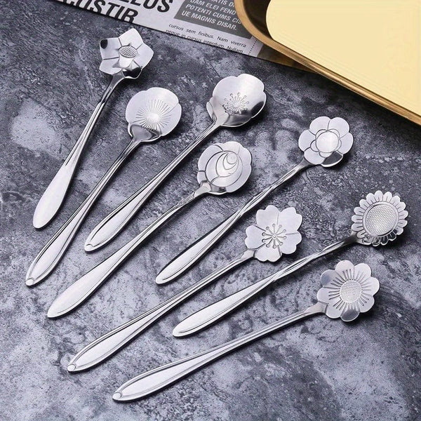 Planet Gates Silvery / 8pcs/set 8pcs Cute Flower Spoon Set - Perfect for Tea, Coffee, Ice Cream, and Desserts - Stainless Steel with Golden and Silver Finish - Kitchen Props for a Chic and Elegant Dining Experience