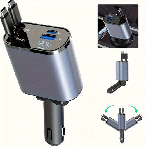 Planet Gates Silvery Car Charger 4 In 1 With Dual Retractable Cable Dual Port USB C PD Fast Charging Car Plug Adapter With Voltage Display