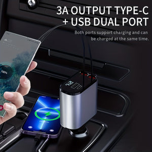 Planet Gates Silvery Car Charger 4 In 1 With Dual Retractable Cable Dual Port USB C PD Fast Charging Car Plug Adapter With Voltage Display