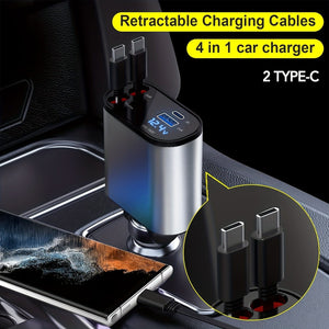 Planet Gates Silvery Car Charger 4 In 1 With Dual Retractable Cable Dual Port USB C PD Fast Charging Car Plug Adapter With Voltage Display