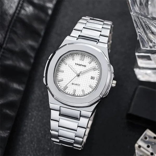 Planet Gates Silvery white 2024 New Luxury Men Quartz Watches 30M Waterproof Automatic Date Watch Man Stainless Steel Sport Chronograph Watch for Men Clock