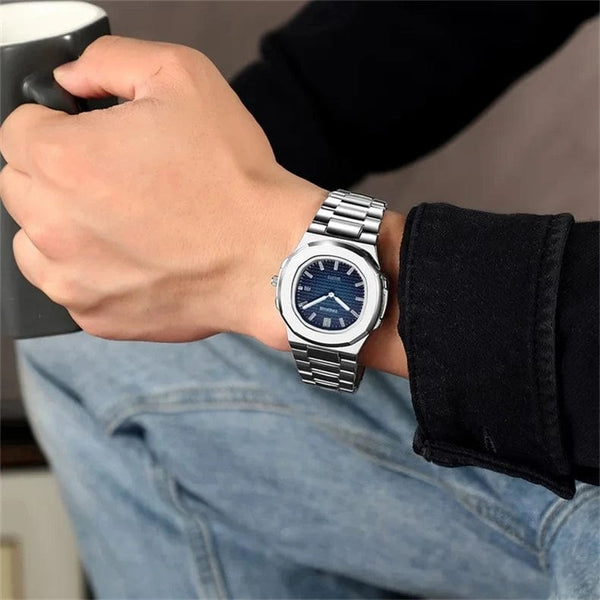 Planet Gates Silvery white 2024 New Luxury Men Quartz Watches 30M Waterproof Automatic Date Watch Man Stainless Steel Sport Chronograph Watch for Men Clock