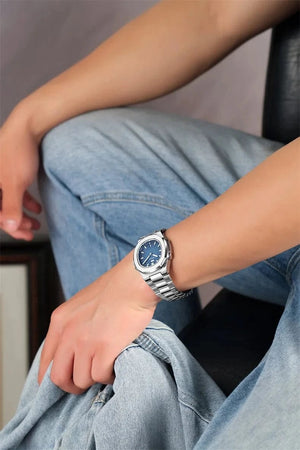 Planet Gates Silvery white 2024 New Luxury Men Quartz Watches 30M Waterproof Automatic Date Watch Man Stainless Steel Sport Chronograph Watch for Men Clock