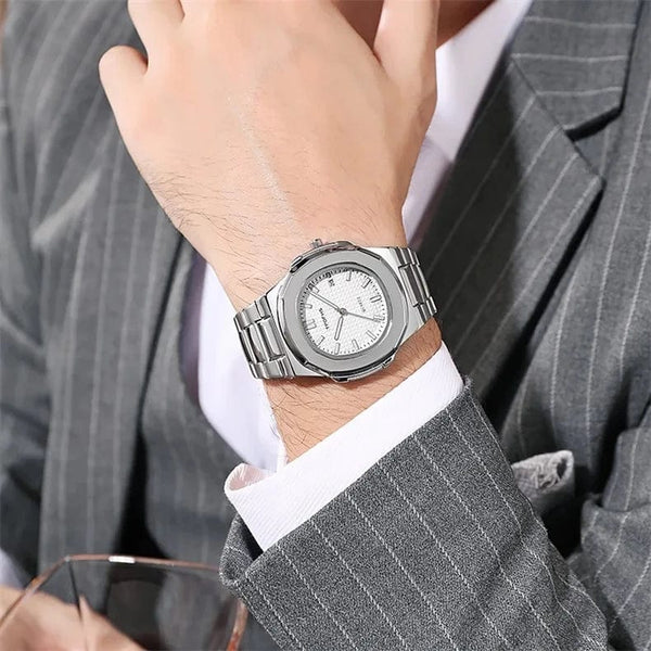 Planet Gates Silvery white 2024 New Luxury Men Quartz Watches 30M Waterproof Automatic Date Watch Man Stainless Steel Sport Chronograph Watch for Men Clock