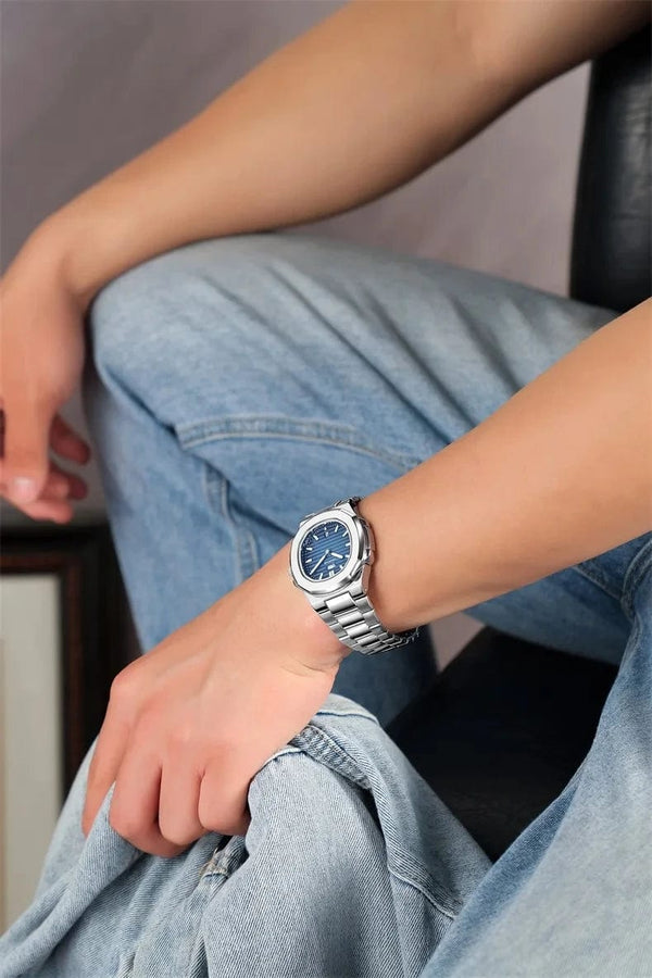 Planet Gates Silvery white 2024 New Luxury Men Quartz Watches 30M Waterproof Automatic Date Watch Man Stainless Steel Sport Chronograph Watch for Men Clock