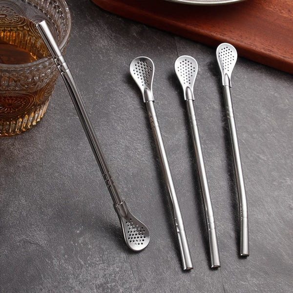 Planet Gates Silvery ×3 3pcs/set, Stainless Steel Straws Spoons, Stirring Spoon, Detachable Cleaning Straw, Juice Milk Tea Filtering Straw, Straw Brush, Drinkware Accessories, Kitchen Supplies