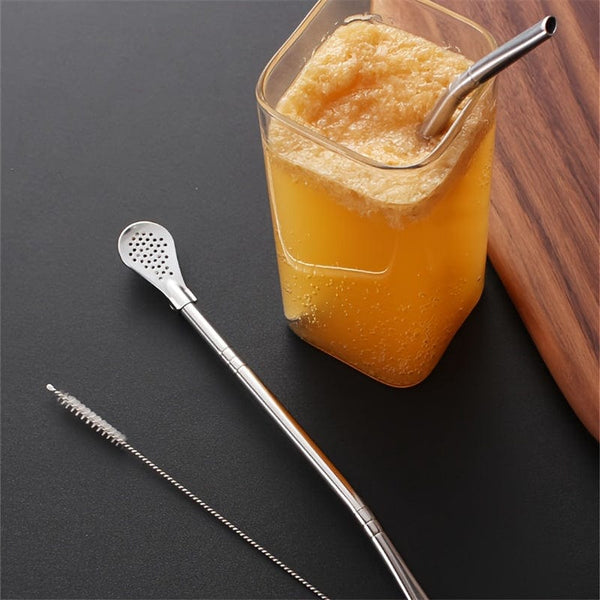 Planet Gates Silvery ×3 3pcs/set, Stainless Steel Straws Spoons, Stirring Spoon, Detachable Cleaning Straw, Juice Milk Tea Filtering Straw, Straw Brush, Drinkware Accessories, Kitchen Supplies