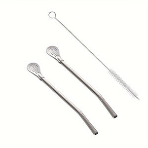 Planet Gates Silvery ×3 3pcs/set, Stainless Steel Straws Spoons, Stirring Spoon, Detachable Cleaning Straw, Juice Milk Tea Filtering Straw, Straw Brush, Drinkware Accessories, Kitchen Supplies