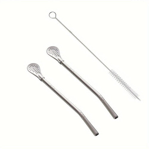 Planet Gates Silvery ×3 3pcs/set, Stainless Steel Straws Spoons, Stirring Spoon, Detachable Cleaning Straw, Juice Milk Tea Filtering Straw, Straw Brush, Drinkware Accessories, Kitchen Supplies