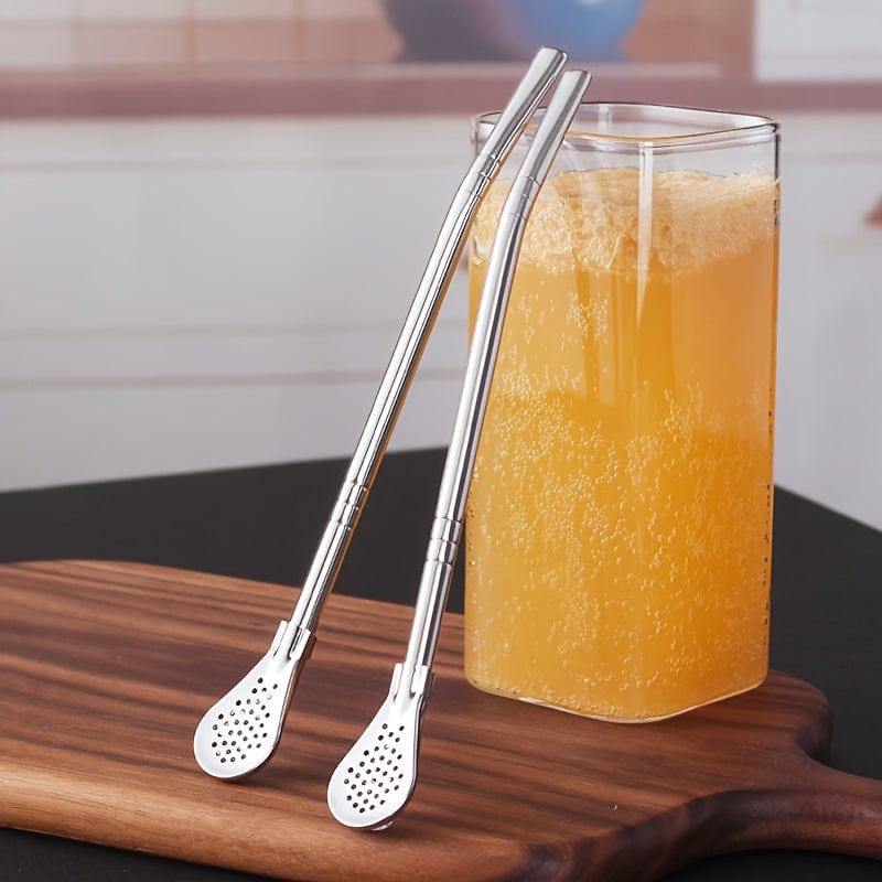 Planet Gates Silvery ×3 3pcs/set, Stainless Steel Straws Spoons, Stirring Spoon, Detachable Cleaning Straw, Juice Milk Tea Filtering Straw, Straw Brush, Drinkware Accessories, Kitchen Supplies