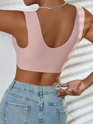 Planet Gates Simple Solid Contrast Lace Front Buckle Bra, Comfy & Breathable Wireless Push Up Bra, Women's Lingerie & Underwear