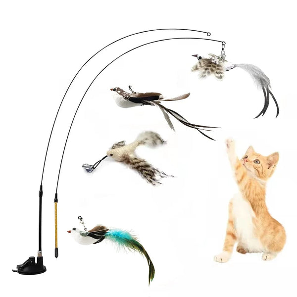Planet Gates Simulation Bird Interactive Funny Cat Stick Toy Furry Feather Bird With Bell Sucker Cat Stick Toy Kitten Playing Pet Accessories