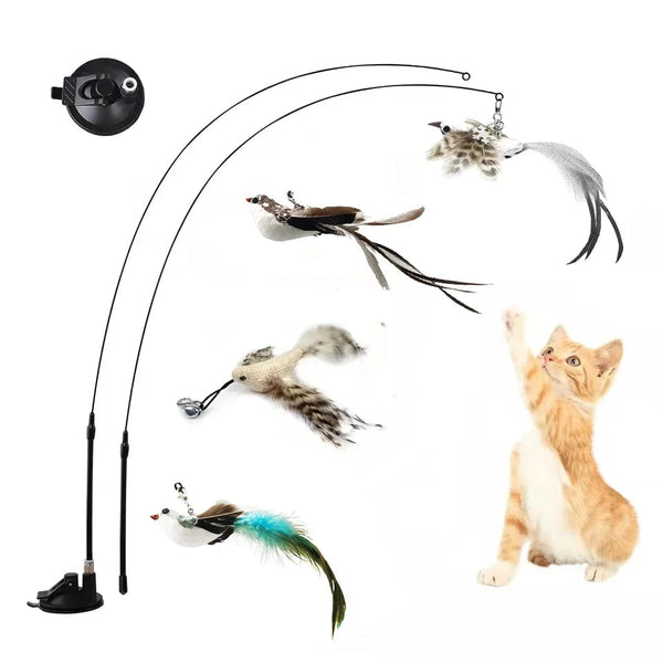 Planet Gates Simulation Bird Interactive Funny Cat Stick Toy Furry Feather Bird With Bell Sucker Cat Stick Toy Kitten Playing Pet Accessories