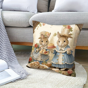Planet Gates Single-sided Printed Short Plush Pillowcase, 45X45cm (excluding Pillow Core) 1pc, Cute Rabbit Square Vintage Polyester Cushion Cover, Retro Throw Pillow Cover, Bedroom Accessories, Sofa Cushion Cover, Living Room Throw Pillow Cover (Cushion Is Not Included)