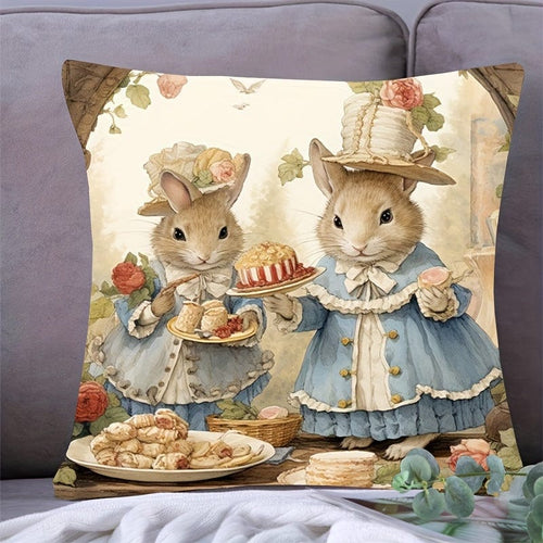 Planet Gates Single-sided Printed Short Plush Pillowcase, 45X45cm (excluding Pillow Core) 1pc, Cute Rabbit Square Vintage Polyester Cushion Cover, Retro Throw Pillow Cover, Bedroom Accessories, Sofa Cushion Cover, Living Room Throw Pillow Cover (Cushion Is Not Included)