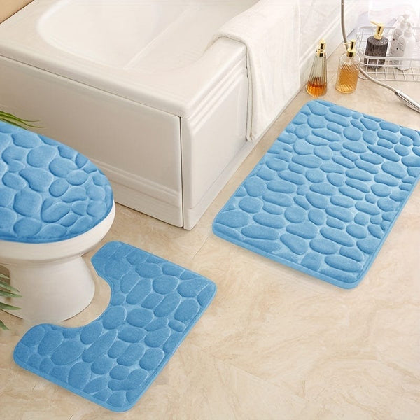 Planet Gates Sky Blue 3pcs/set, Memory Foam Bathroom Rugs Set, Cobblestone Embossed Ultra Soft Non-Slip Bath Rug & Absorbent Bath Mat Carpets, Includes U-Shaped Contour Rug, Perfect For Bathroom/Shower, Bathroom Supplies