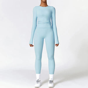 Planet Gates Sky Blue Set-6 / M / CHINA 2PCS Seamless Yoga Set Women Workout Set Sportswear Gym Clothing Fitness Long Sleeve Crop Top High Waist Leggings Sports Suits
