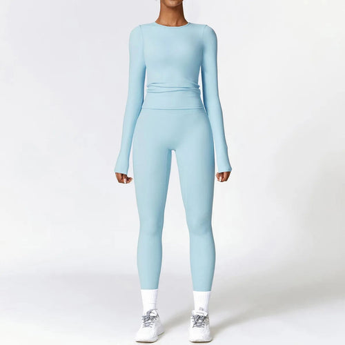 Planet Gates Sky Blue Set-6 / M / CHINA 2PCS Seamless Yoga Set Women Workout Set Sportswear Gym Clothing Fitness Long Sleeve Crop Top High Waist Leggings Sports Suits
