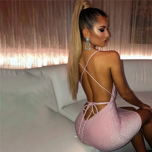 Planet Gates Sleeveless Halter Bandage Sexy Women Dress Backless Bodycon Summer Deep V-neck Night Club Lace-up Party Dress