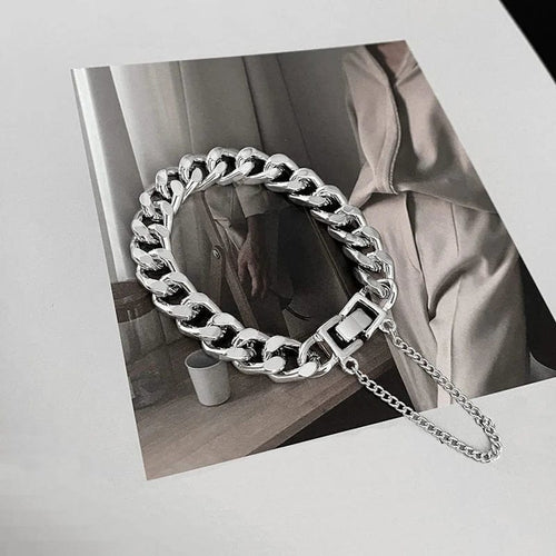Planet Gates sliver / 19cm Kpop Stainless Steel Metal Chains Bracelets For Women Men Punk Sliver Cuban Link Chain Wristband Bracelet Classic Charms Jewelry