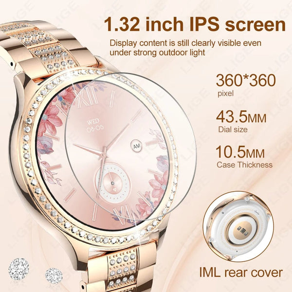 Planet Gates sliver / CHINA LIGE 1.32 inch Women Smart Watch Bluetooth Call AI Voice Assistant Women's Watches Custom Watch Face Health Monitor Smartwatches