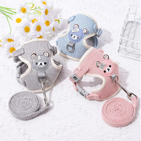 Planet Gates Small Cat Dog Harness Leash Set Breathable Vest Escape Proof Chest Strap Kitten Puppy Cartoon Bear Walking Pet Traction Lead
