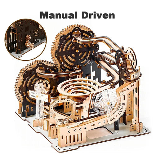 Planet Gates Small-Manual Driven 3D Wooden Puzzle Marble Run Set DIY Mechanical Track Electric Manual Model Building Block Kits Assembly Toy Gift for Teens Adult