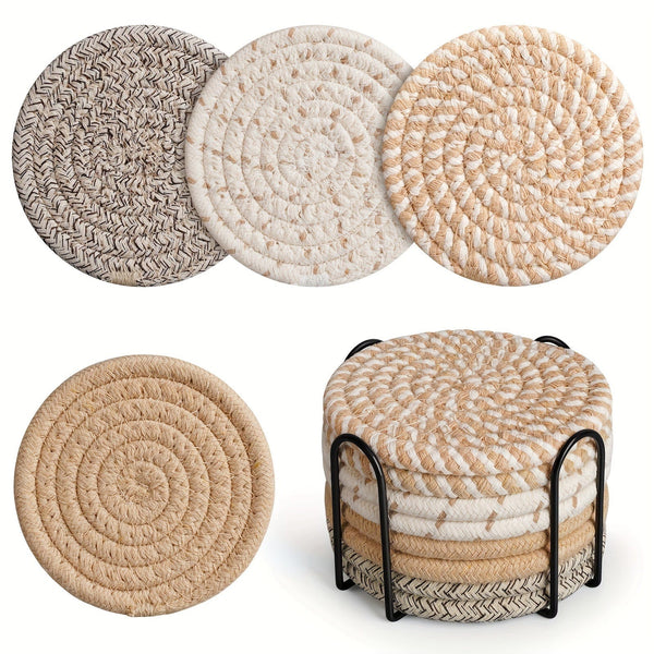 Planet Gates Solid Color 8pcs, Round Fabric Coasters, Thermal Insulation Mat For Household Kitchen Tables, Round Cotton Rope Woven Meal Pad, Plate Mat, Cup Mat, Pot Mat, Hanging Home Decoration