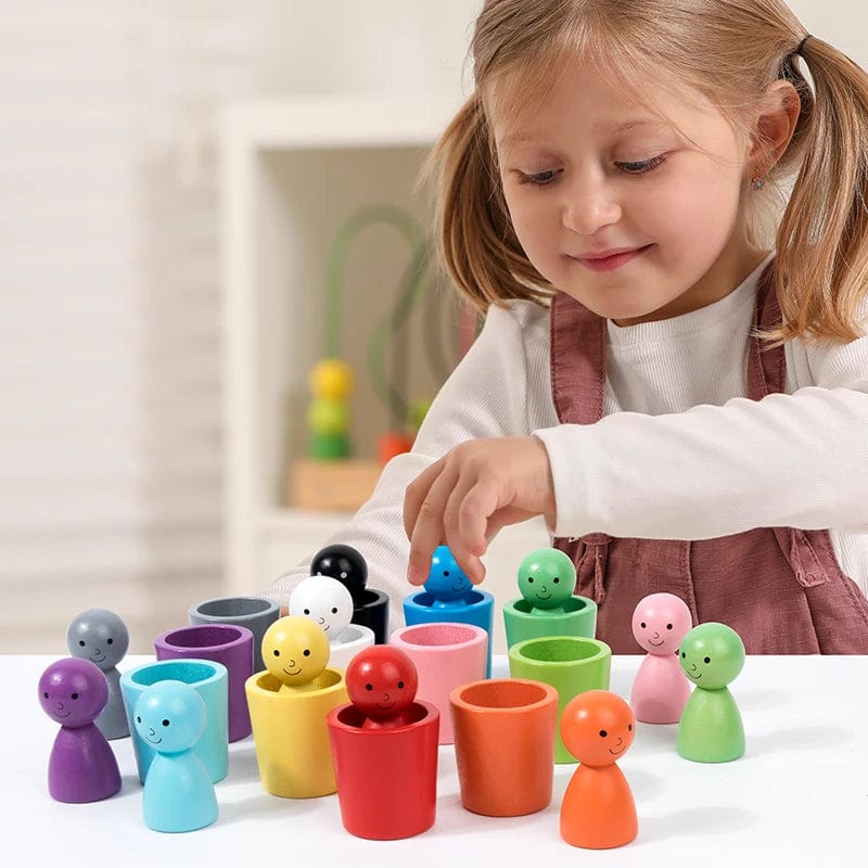 Planet Gates Sorting Cup Montessori Color Sorting Toys Color Matching Sensory Game Wooden Peg Dolls in Cups Early Education Learning Toys For Toddler 3+