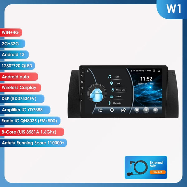 Planet Gates spain / W1 2G 32G 8GB 128GB Android 12 Car Multimedia Player 9 Inch Navigation For BMW E39 E53 M5 1995-2003 Radio Stereo BT GPS Wifi DSP SWC AM FM