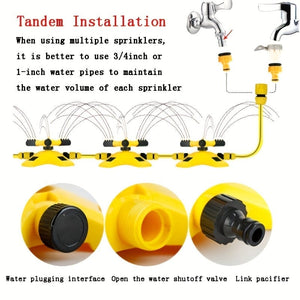 Planet Gates Sprinklers 1pc Lawn Automatic Sprinkler 360° Rotating 3 Adjustable Rotating Arms Combinable Multi-Angle Large Area Coverage For Garden Lawn Automatic Irrigation Roof Cooling, Yellow