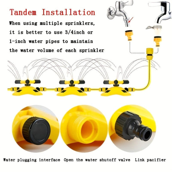 Planet Gates Sprinklers 1pc Lawn Automatic Sprinkler 360° Rotating 3 Adjustable Rotating Arms Combinable Multi-Angle Large Area Coverage For Garden Lawn Automatic Irrigation Roof Cooling, Yellow